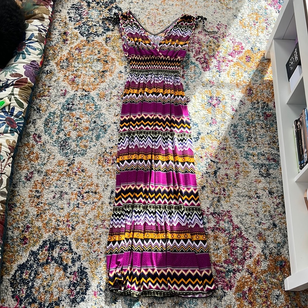 Colorful patterned maxi dress.